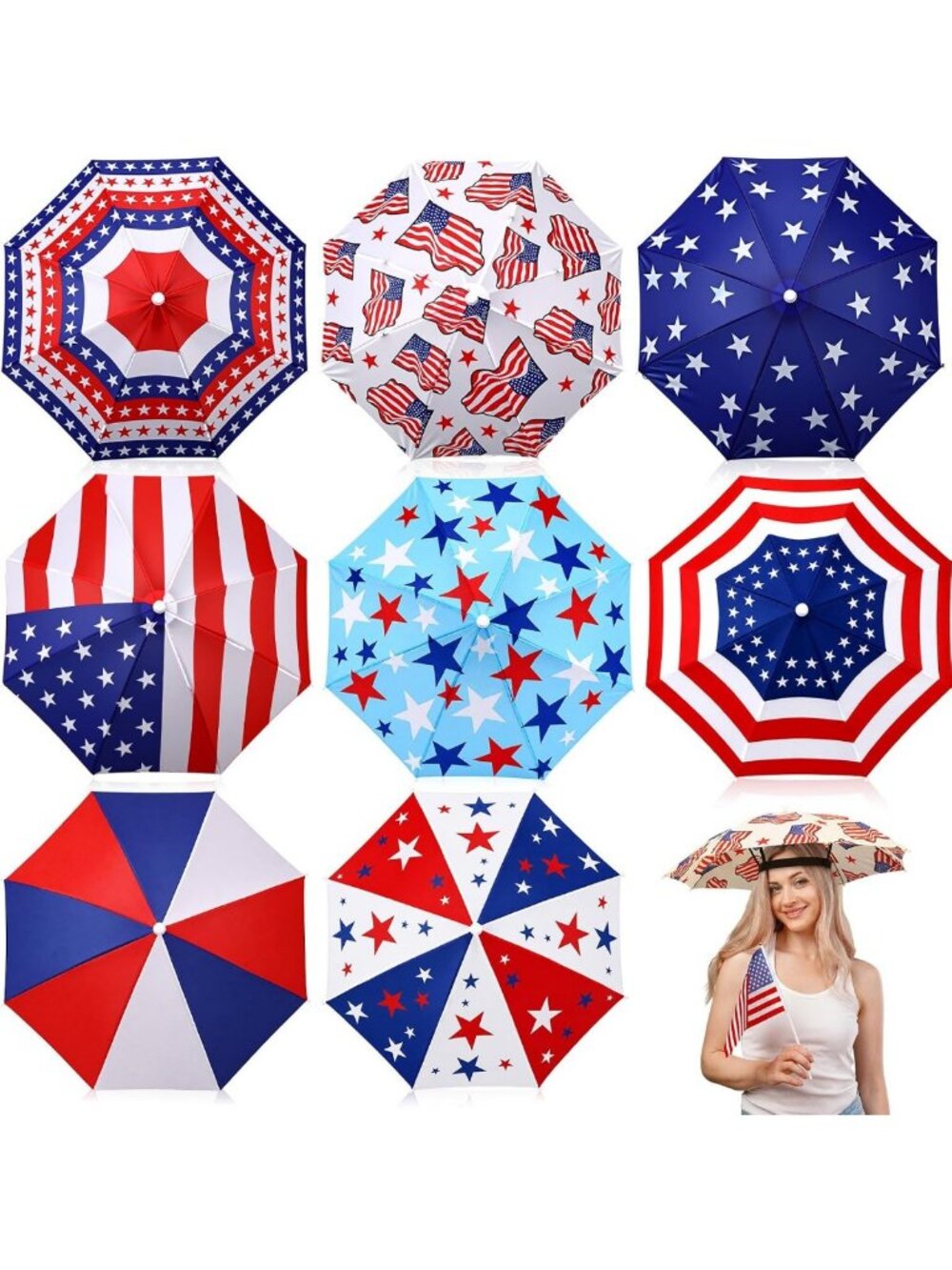 8 Pack Patriotic Umbrella Hats - Hands-Free Red White Blue Caps for Summer Fun
